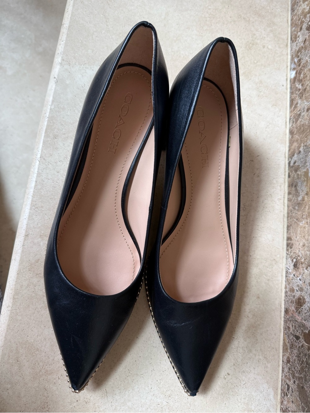 Coach Black Pointed Low Block Heel Pumps with Gold Stud Trim - Picture 14 of 16